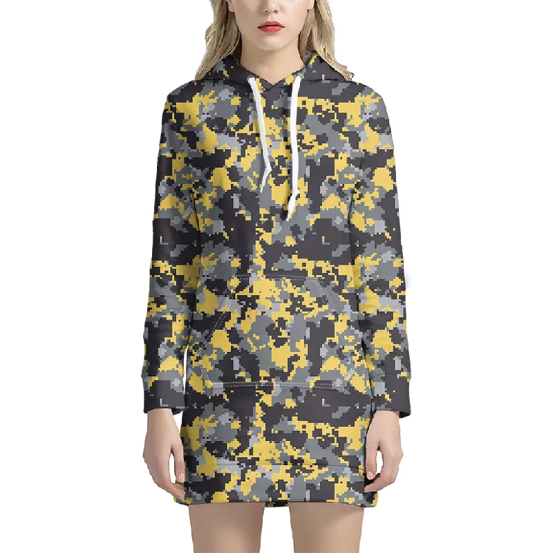 Yellow Black And Grey Digital Camo Print Pullover Hoodie Dress