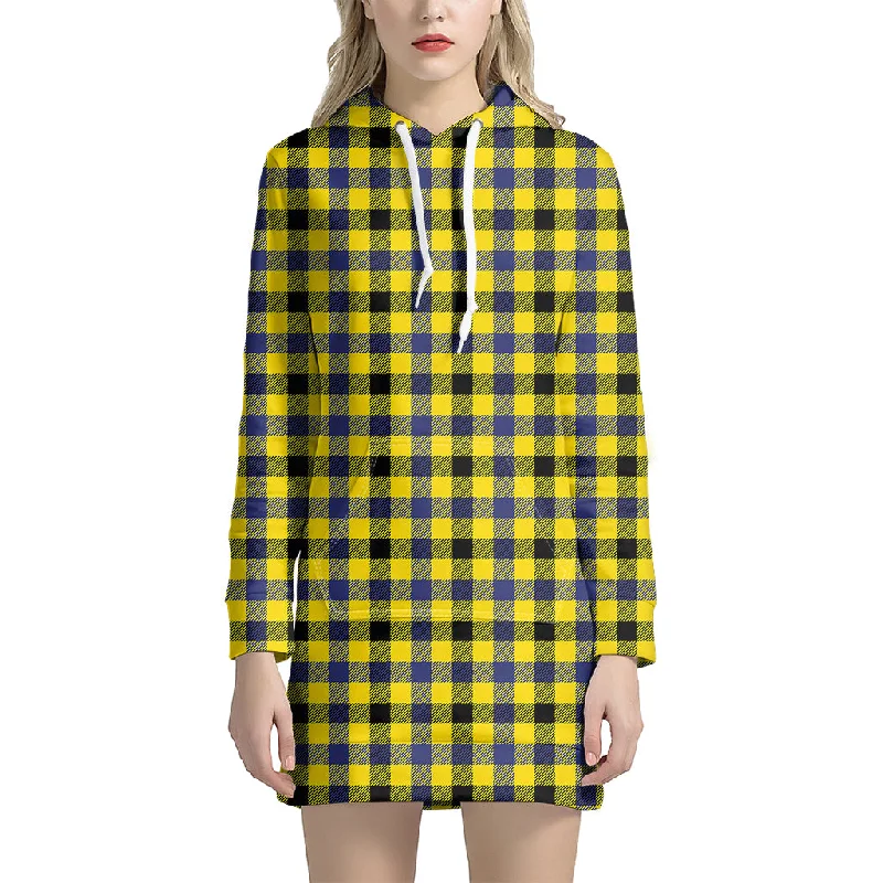 Yellow Black And Navy Plaid Print Pullover Hoodie Dress