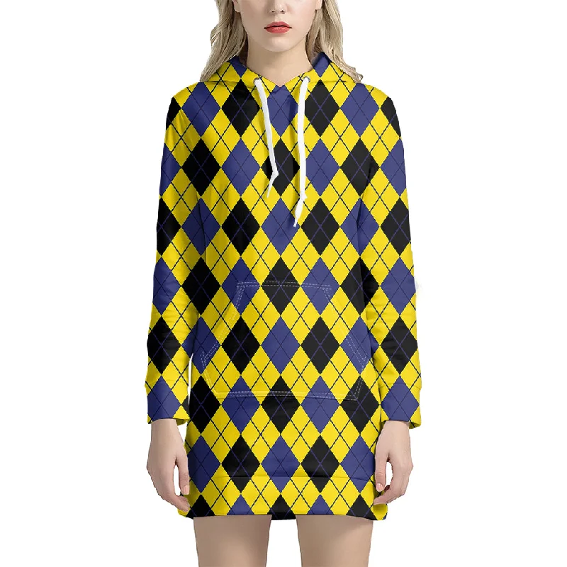 Yellow Blue And Black Argyle Print Pullover Hoodie Dress