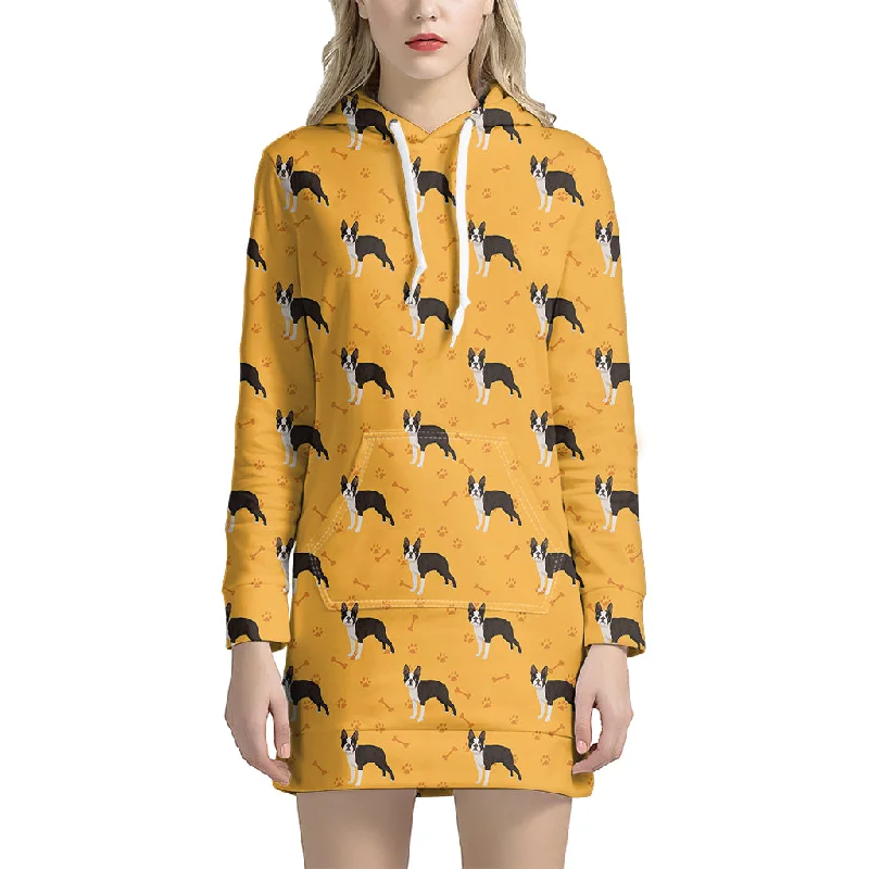 Yellow Boston Terrier Pattern Print Pullover Hoodie Dress