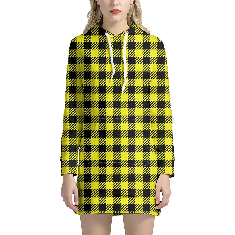 Yellow Buffalo Plaid Print Pullover Hoodie Dress