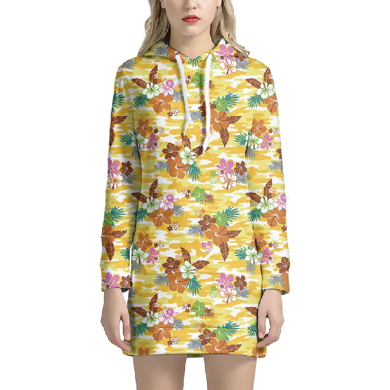 Yellow Camo And Hibiscus Flower Print Pullover Hoodie Dress