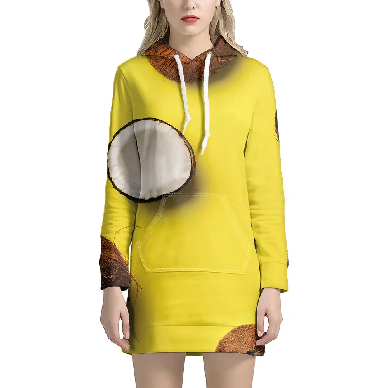 Yellow Coconut Pattern Print Pullover Hoodie Dress