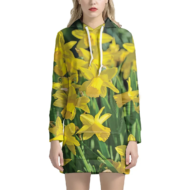 Yellow Daffodil Flower Print Pullover Hoodie Dress