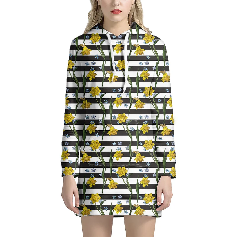 Yellow Daffodil Striped Pattern Print Pullover Hoodie Dress