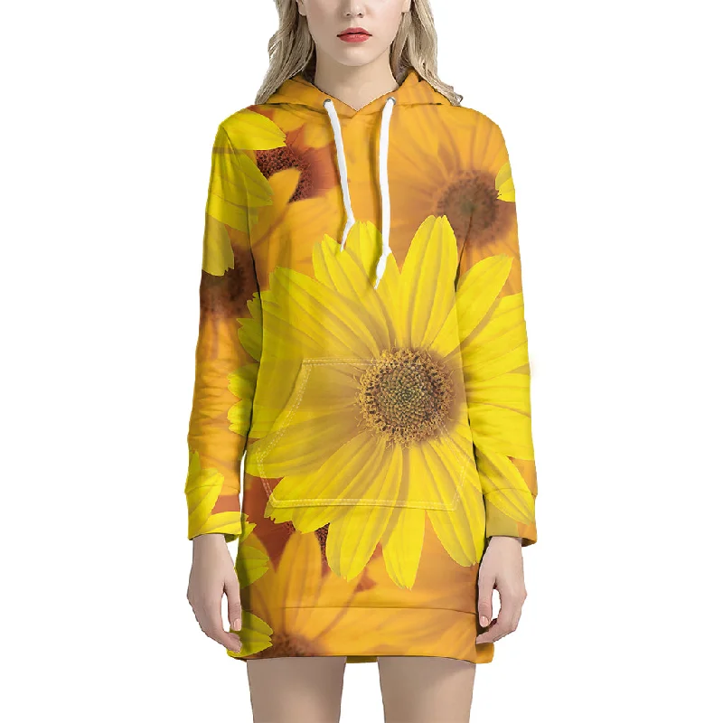 Yellow Daisy Flower Print Pullover Hoodie Dress