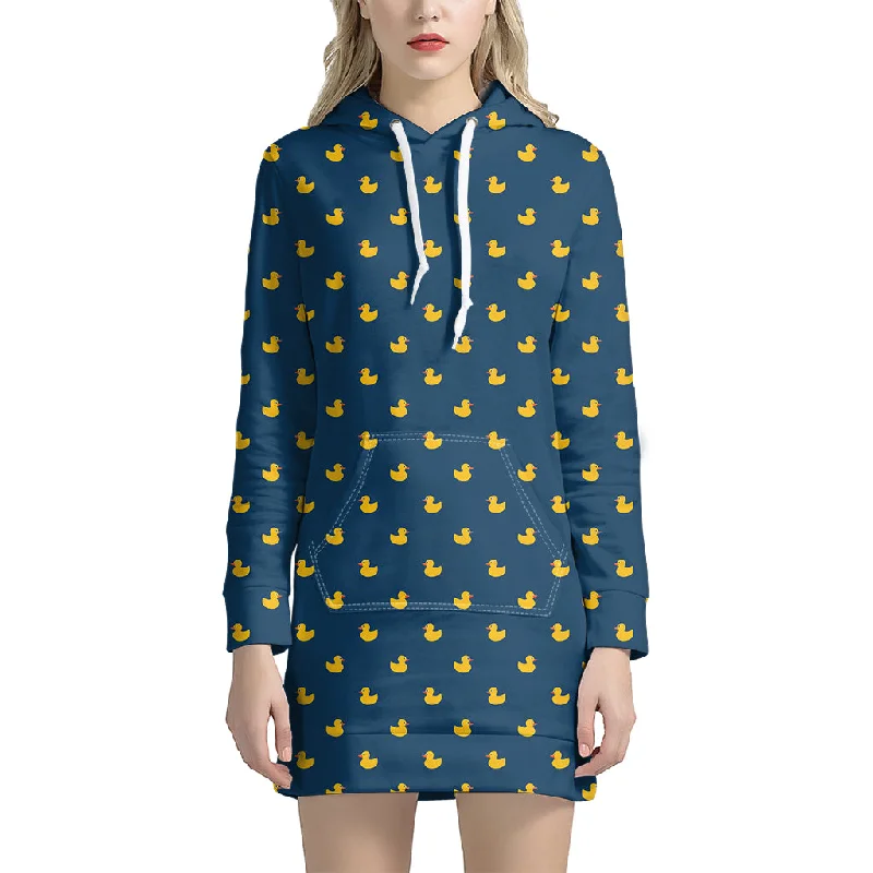 Yellow Duck Pattern Print Pullover Hoodie Dress