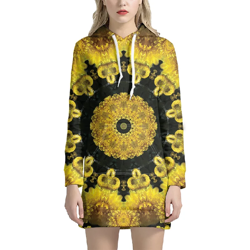 Yellow Flower Kaleidoscope Print Pullover Hoodie Dress