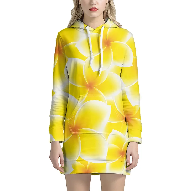 Yellow Frangipani Pattern Print Pullover Hoodie Dress