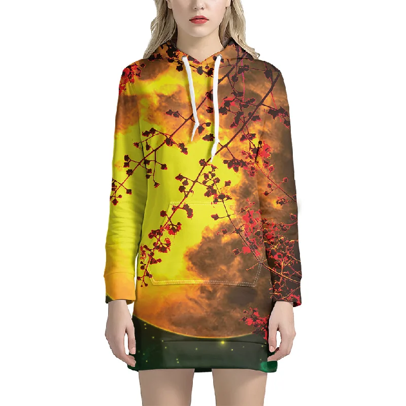 Yellow Full Moon Print Pullover Hoodie Dress