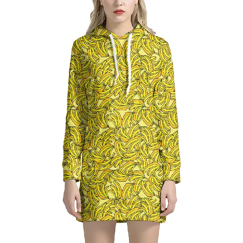 Yellow Geometric Banana Pattern Print Pullover Hoodie Dress