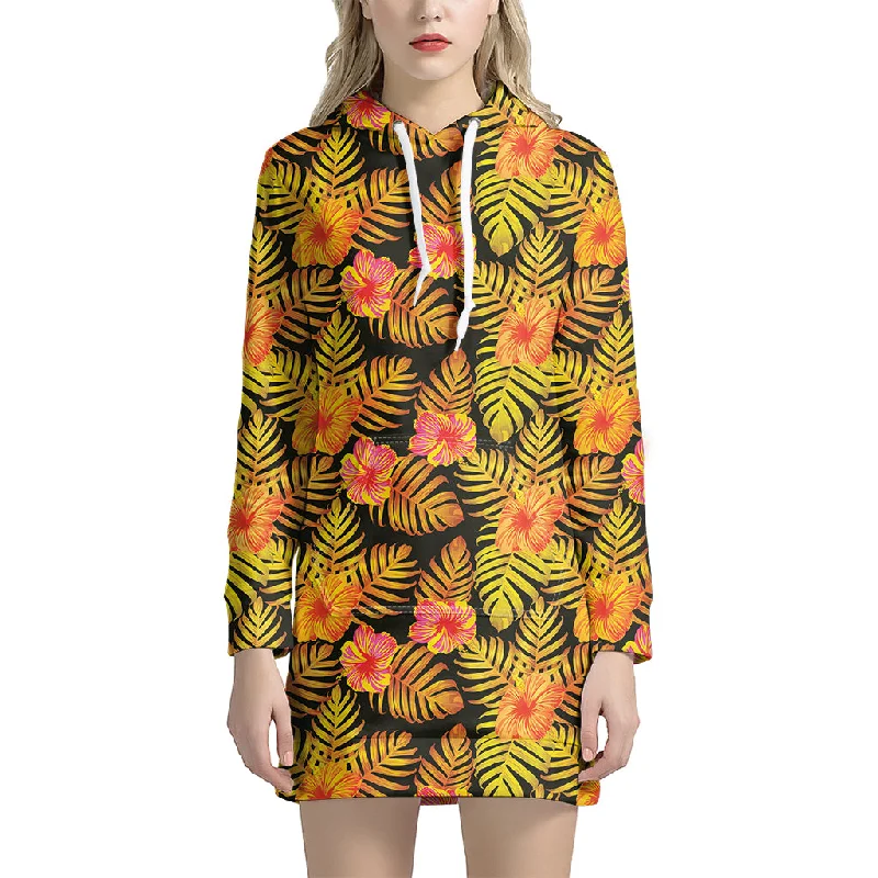 Yellow Hawaiian Tropical Pattern Print Pullover Hoodie Dress