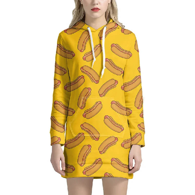 Yellow Hot Dog Pattern Print Pullover Hoodie Dress