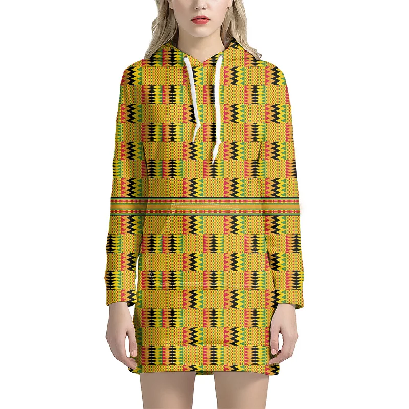 Yellow Kente Pattern Print Pullover Hoodie Dress