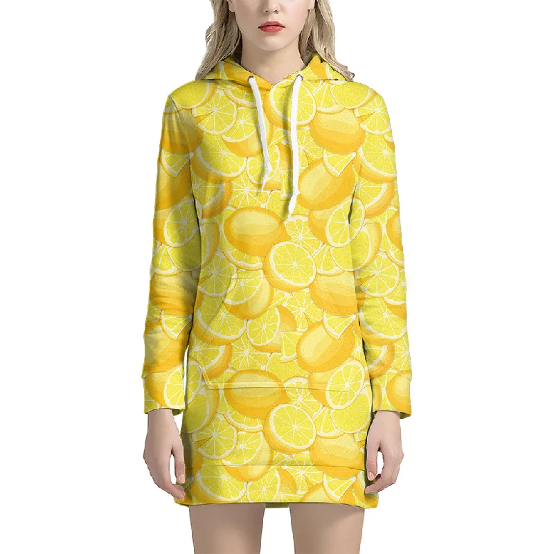 Yellow Lemon Pattern Print Pullover Hoodie Dress