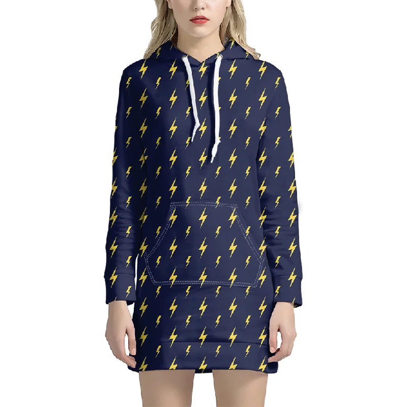 Yellow Lightning Bolts Pattern Print Pullover Hoodie Dress