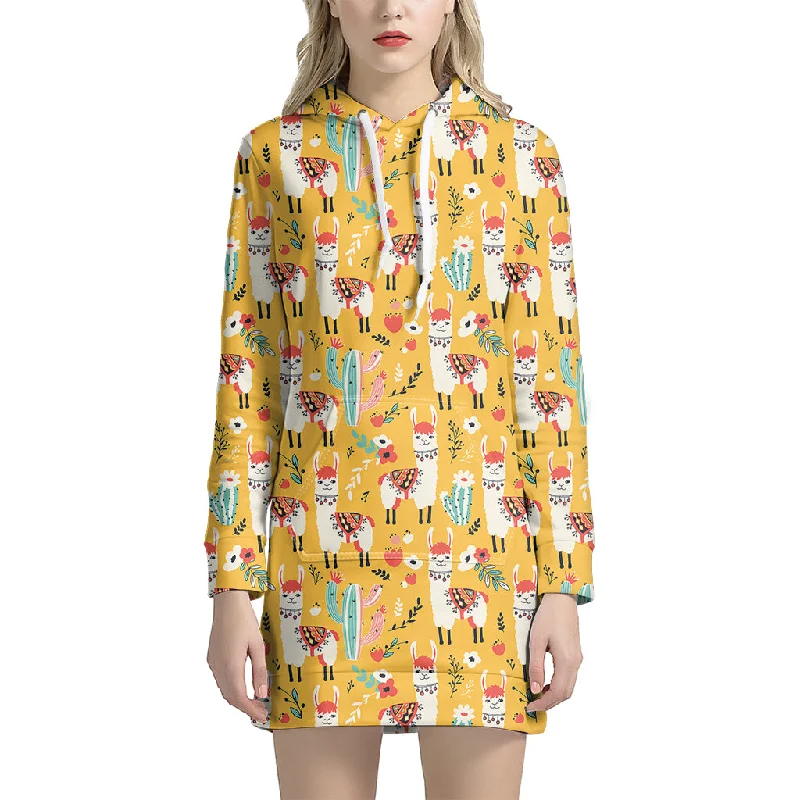 Yellow Llama Pattern Print Pullover Hoodie Dress