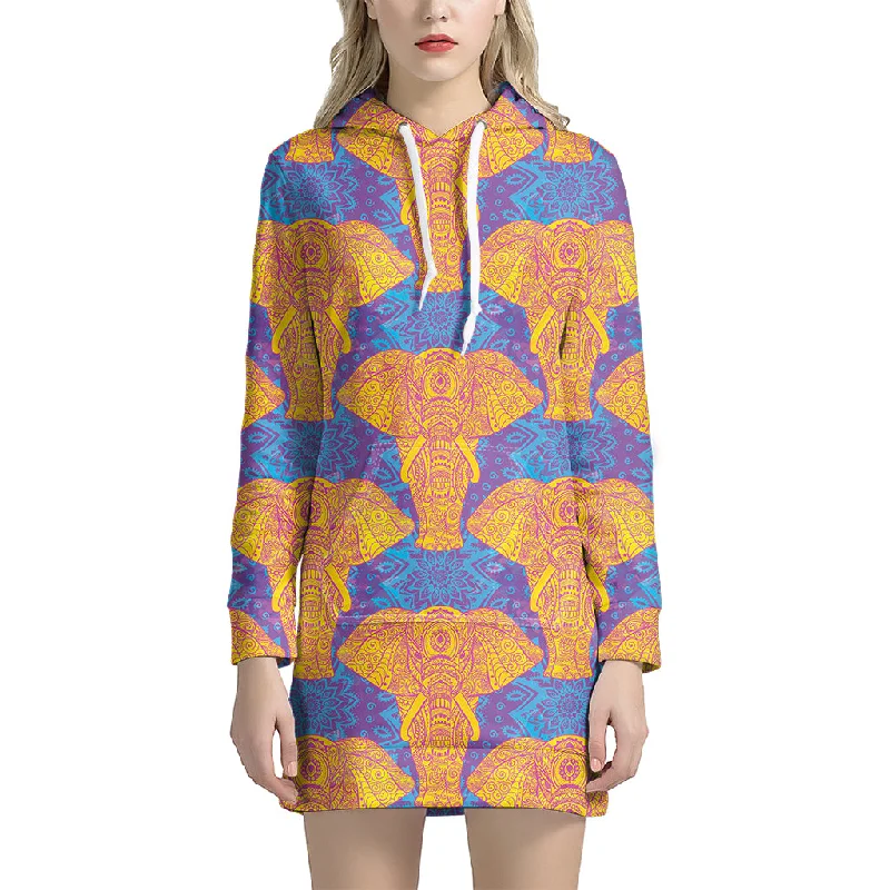 Yellow Mandala Elephant Pattern Print Pullover Hoodie Dress