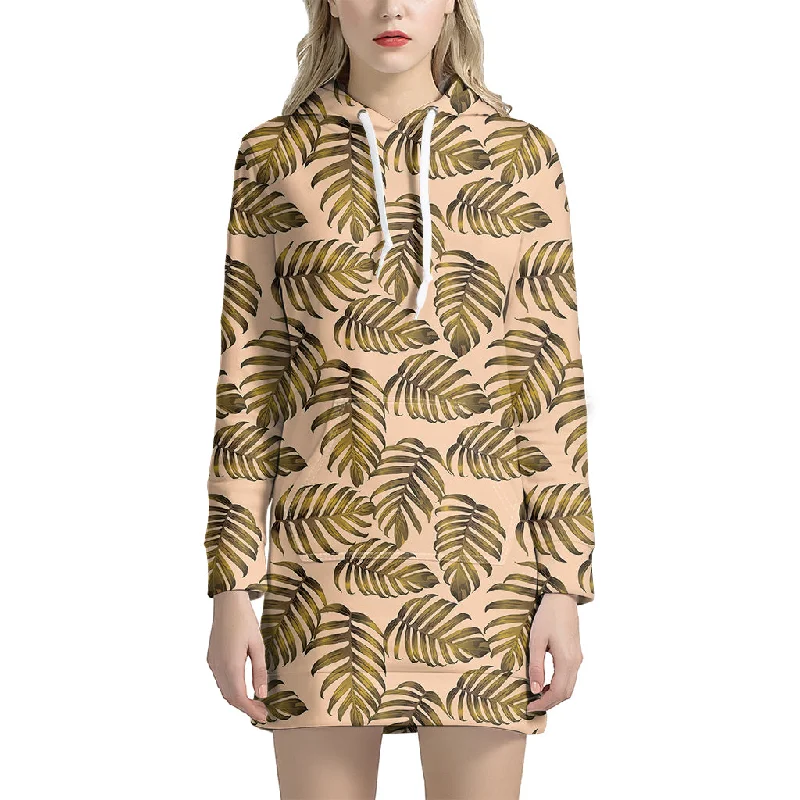 Yellow Monstera Leaves Pattern Print Pullover Hoodie Dress