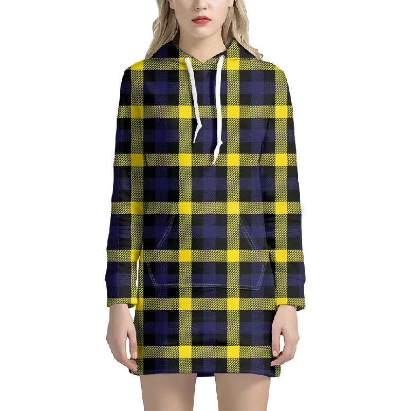 Yellow Navy And Black Plaid Print Pullover Hoodie Dress