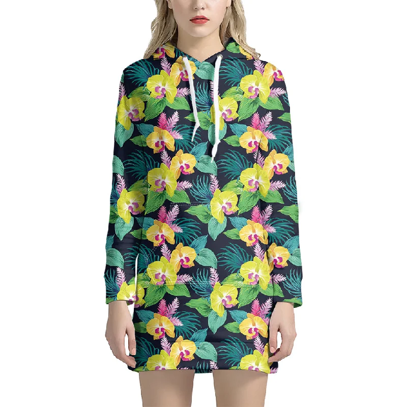 Yellow Orchid Pattern Print Pullover Hoodie Dress