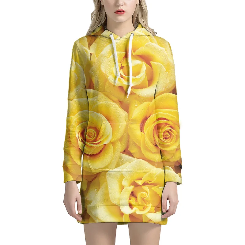 Yellow Rose Print Pullover Hoodie Dress