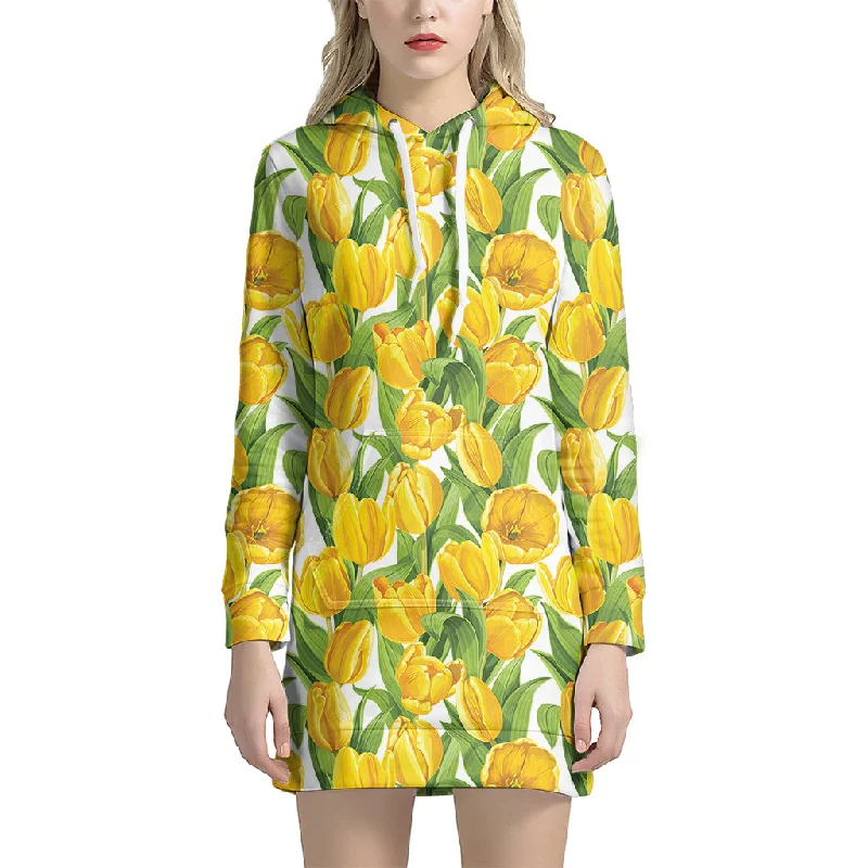 Yellow Spring Tulip Pattern Print Pullover Hoodie Dress