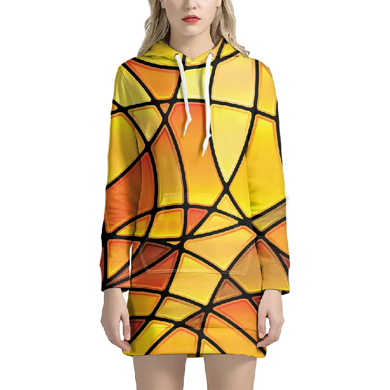 Yellow Stained Glass Mosaic Print Pullover Hoodie Dress