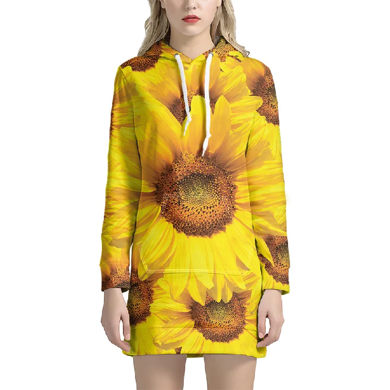 Yellow Sunflower Print Pullover Hoodie Dress