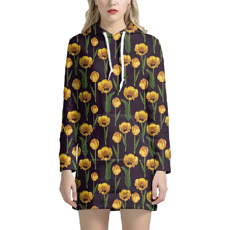 Yellow Tulip Flower Pattern Print Pullover Hoodie Dress