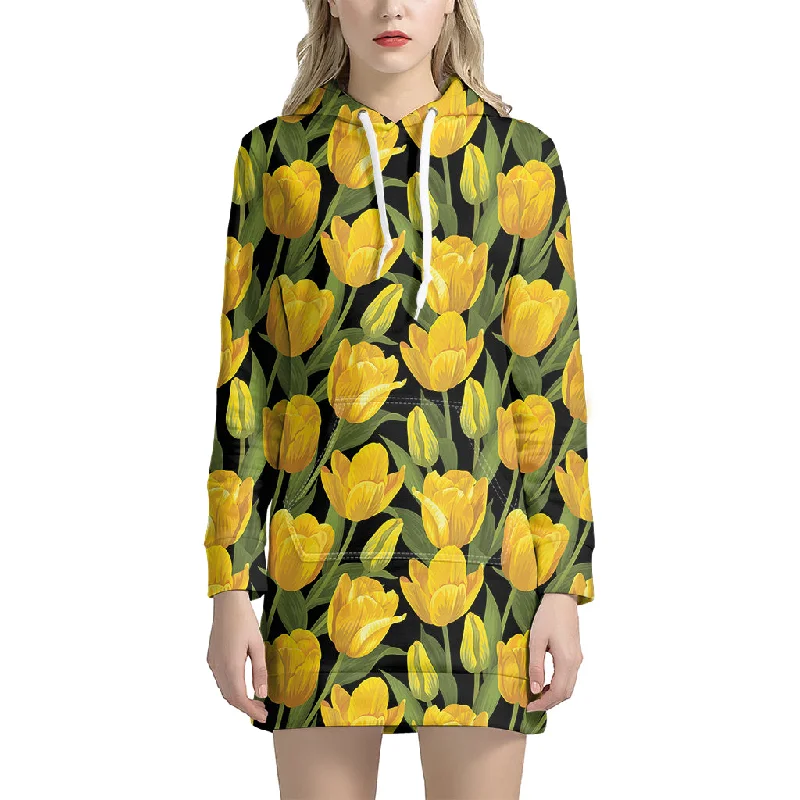 Yellow Tulip Pattern Print Pullover Hoodie Dress