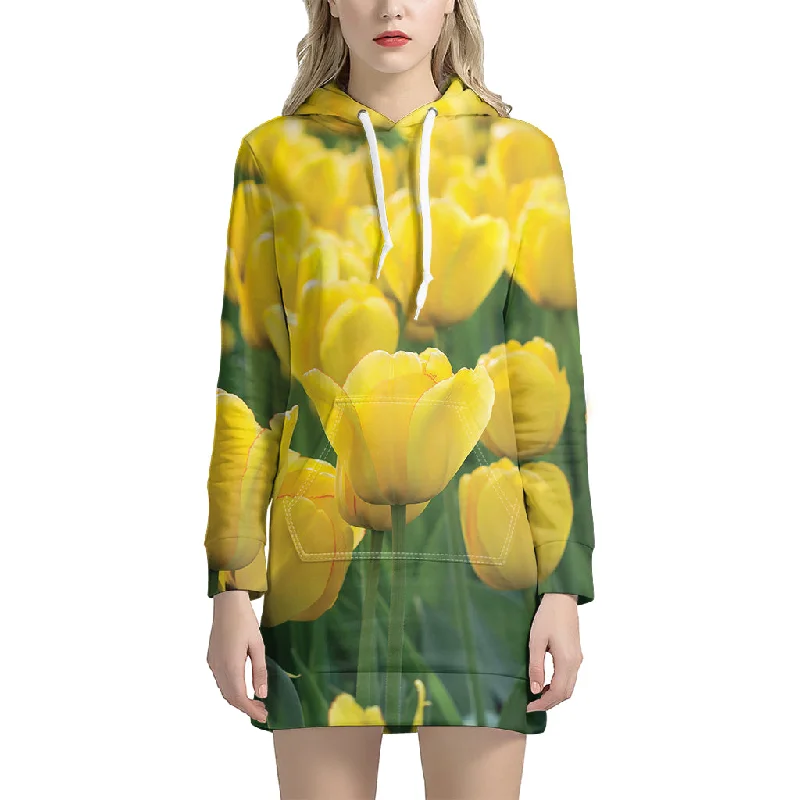 Yellow Tulip Print Pullover Hoodie Dress