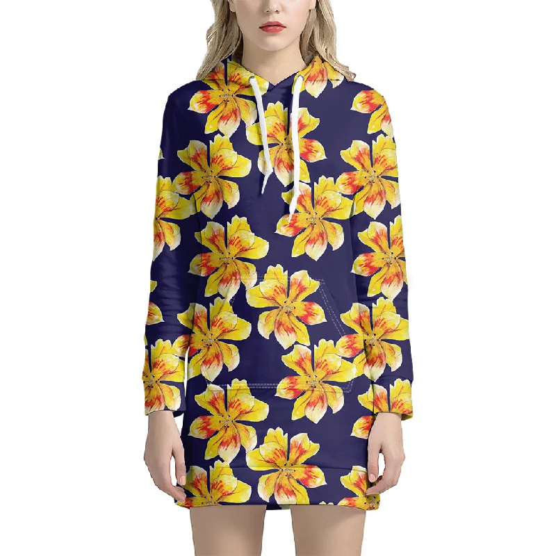 Yellow Watercolor Lily Pattern Print Pullover Hoodie Dress