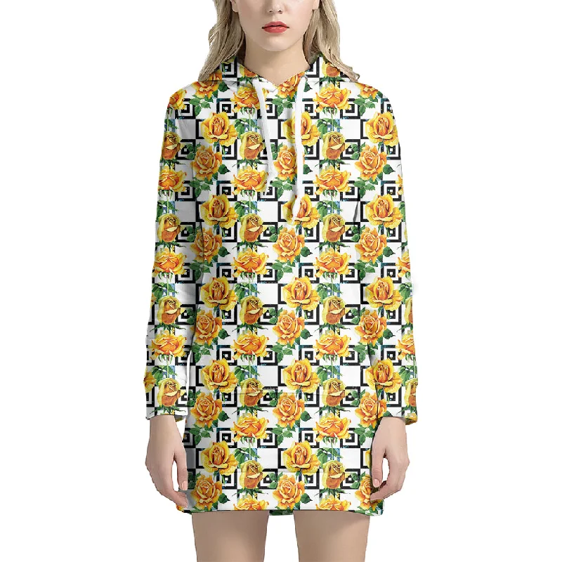 Yellow Watercolor Rose Print Pullover Hoodie Dress