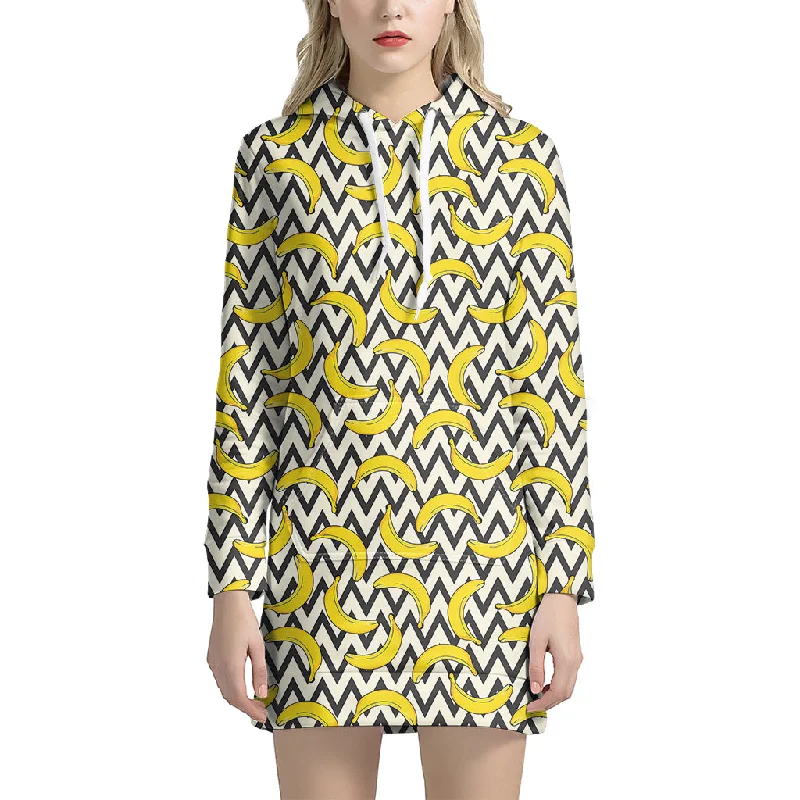 Zigzag Banana Pattern Print Pullover Hoodie Dress