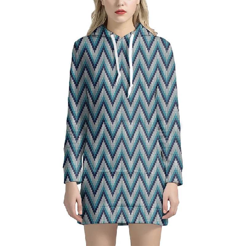 Zigzag Knitted Pattern Print Pullover Hoodie Dress