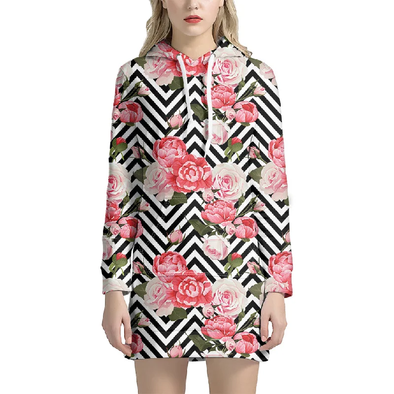 Zigzag Peony And Rose Pattern Print Pullover Hoodie Dress