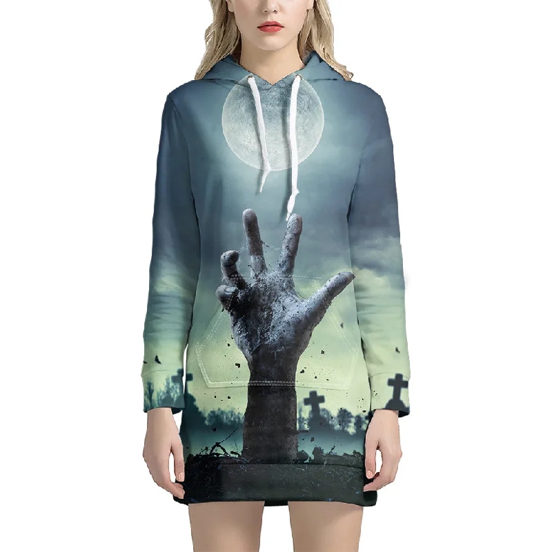 Zombie Hand Rising From Grave Print Pullover Hoodie Dress