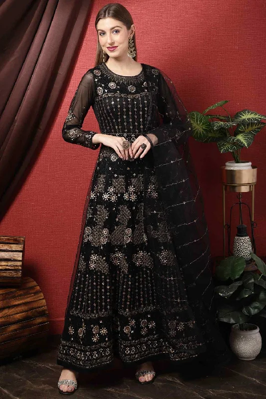 Black Net Embroidered Anarkali Suit Set