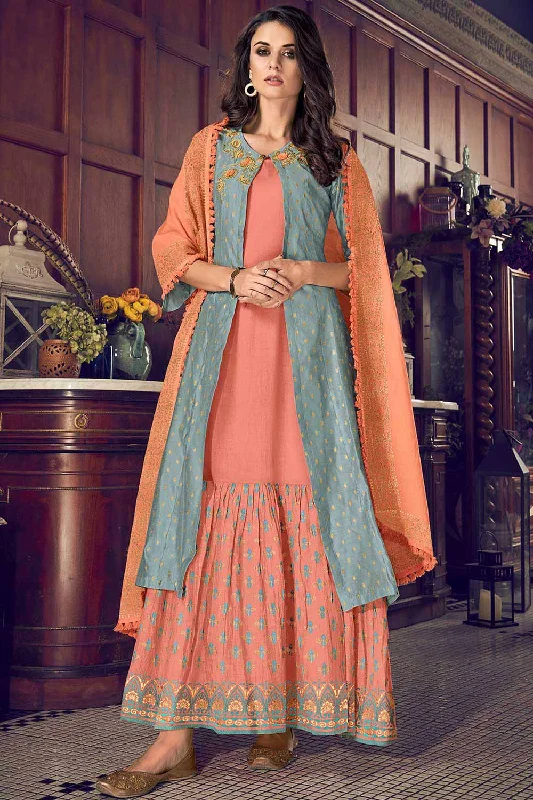 Chanderi Art Silk Embroidered Suit Set Dress Material In Turquoise And Orange