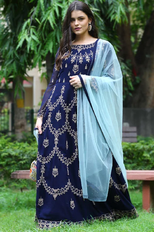 Faux Georgette Embroidered Anarkali  In Navy Blue