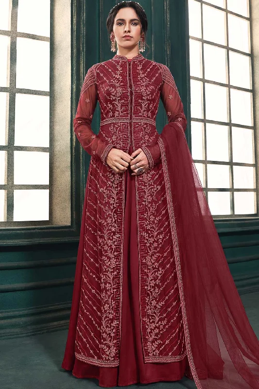 Net Embroidered Anarkali Suit Set In Maroon