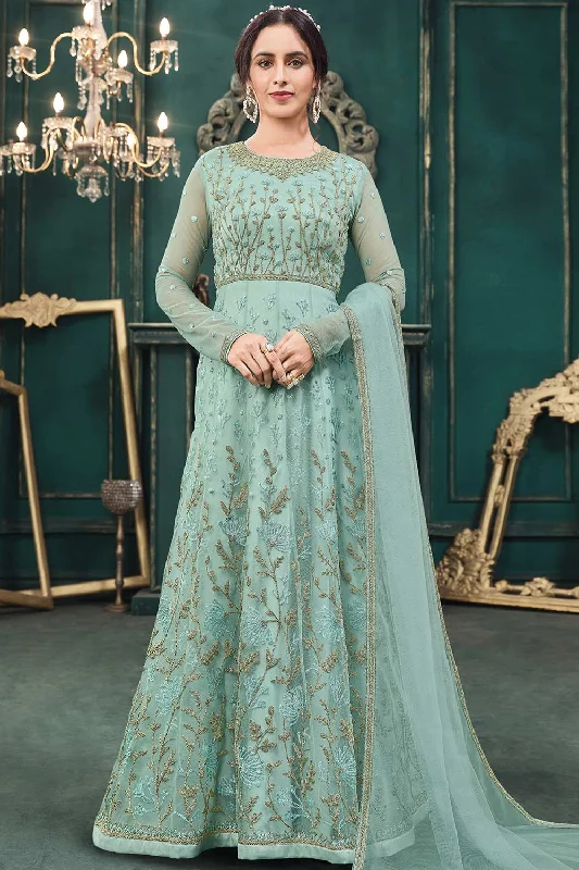 Net Embroidered Anarkali Suit Set In Sky Blue