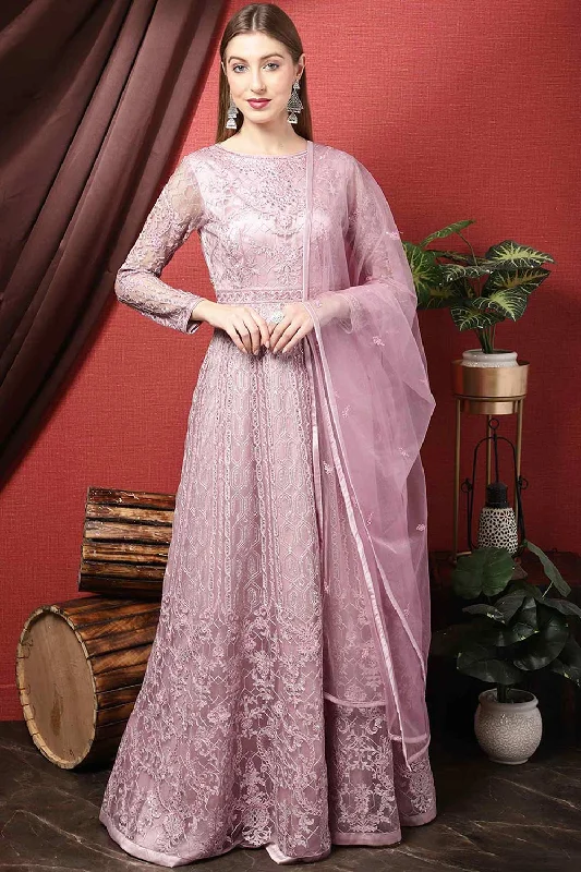 Pink Net Embroidered Anarkali Suit Set