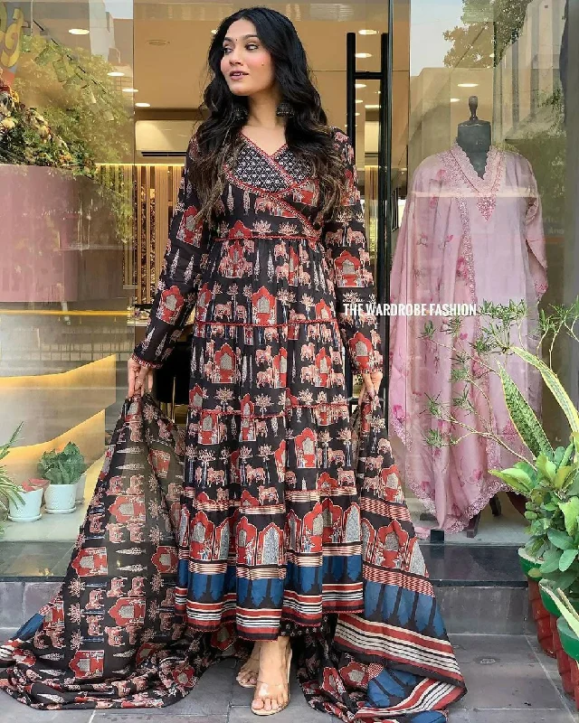 Preksha Creation Indian Beautiful Heavy Fully Flared Anarkali Stitched Suit With Dupatta and Pant - Black