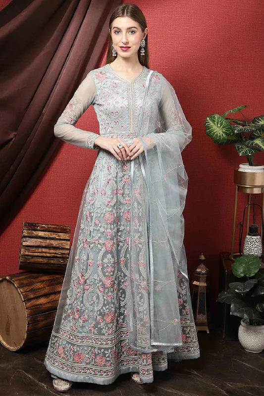 Sky Blue Net Embroidered Anarkali Suit Set