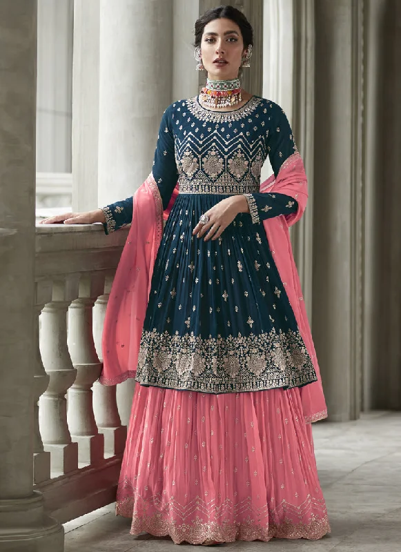 Teal Georgette Embroidered Anarkali Suit Set