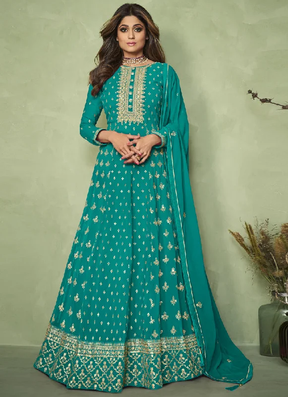 Turquoise Georgette Embroidered Anarkali Suit Set