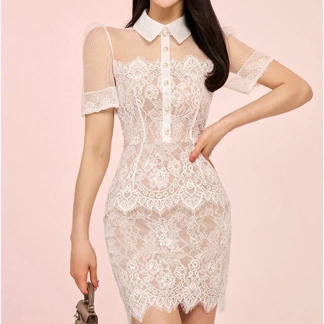 Short-Sleeved Lace Polo Collar Bodycon Dress